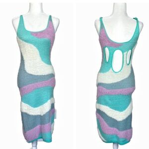 INTERDEE FITTED SWIRL PRINT MIDI DRESS OPEN BACK SIZE SMALL